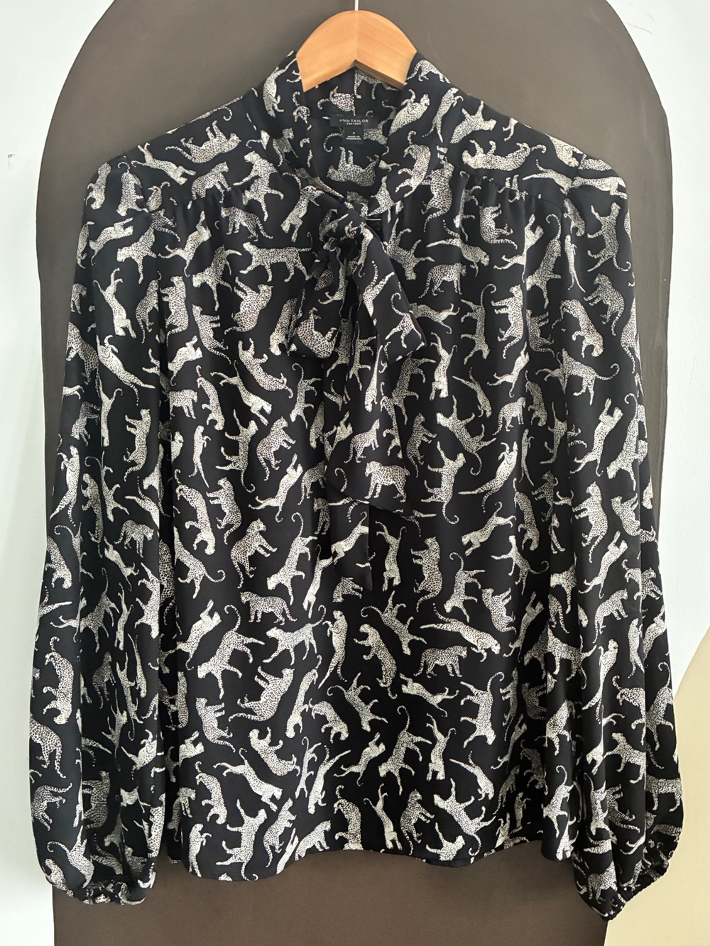 Ann Taylor Factory Black Leopard Print Tie-Neck Blouse Size S
